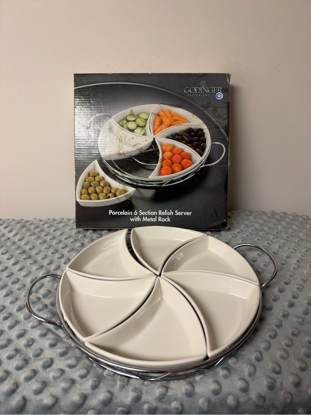Godinger White Porcelain 6-Section Relish Server with Silver Metal Rack